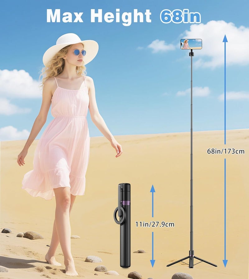 TONEOF 68" Magnetic Selfie Stick Tripod with Aluminum Strong Magnetic Holder for Magsafe, 360° Rotatable Travel Phone Tripod Stand with Metal Ring & Rechargeable Remote for iPhone/Android（Black） - Image 4